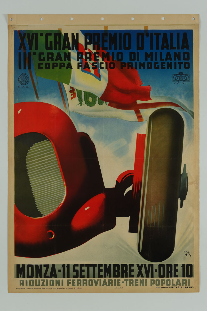 automobile da corsa e due bandiere al vento (manifesto) di Mosca Franco (sec. XX)