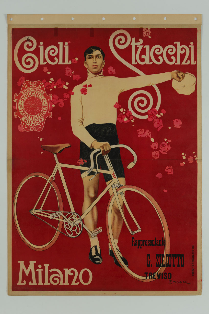 ciclista in piedi sorregge la bicicletta stringendo il manubrio (manifesto) di Malerba Emilio (sec. XX)