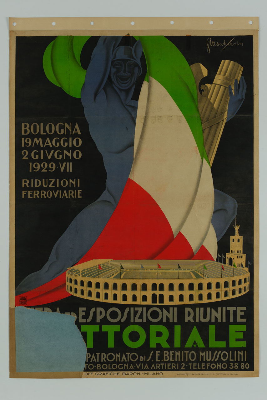 dio Mercurio dipinto in blu tiene tra le braccia un grande fascio littorio e una bandiera tricolore ed è inginocchiato sopra il modellino dello stadio Littoriale a Bologna (manifesto) di Montevecchi Amleto (sec. XX)