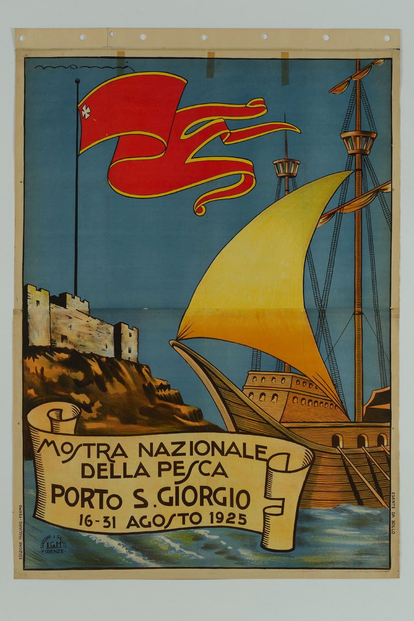 galeone in navigazione e veduta di Castel San Giorgio con grande vessillo al vento (manifesto) di Monni Pietro (sec. XX)