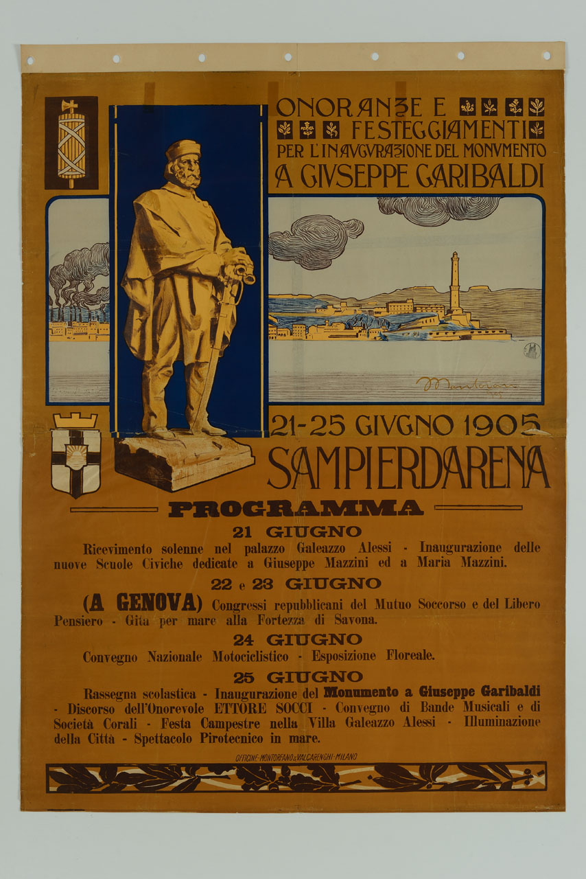 monumento a Giuseppe Garibaldi a Sampierdarena e veduta dal mare della città ligure (manifesto) di Mantovani Luigi (sec. XX)