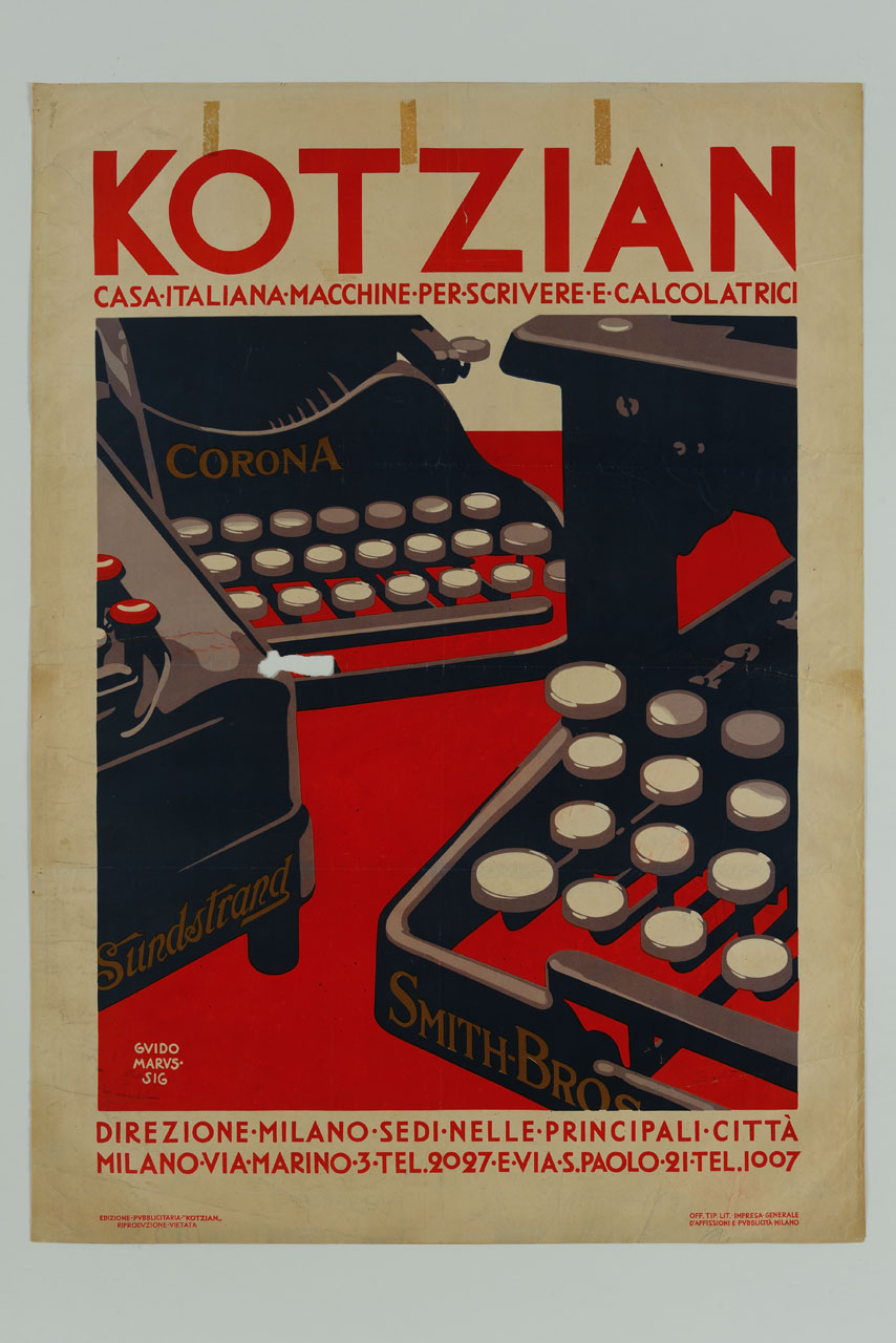 macchine per scrivere su sfondo rosso (manifesto) di Marussig Guido (sec. XX)