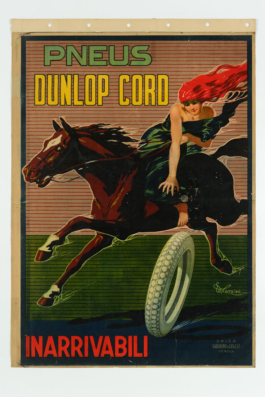 amazzone in groppa a un cavallo in corsa cerca di afferrare un pneumatico (manifesto) di Mazzini Ettore (sec. XX)