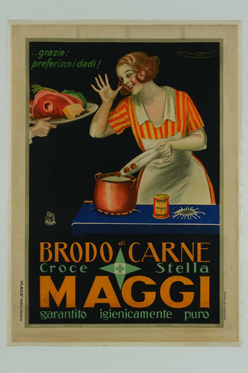 cuoca versa dei dadi nella pentola mentre fa marameo all'offerta di carne e verdure (manifesto) di Mauzan Achille Luciano (sec. XX)