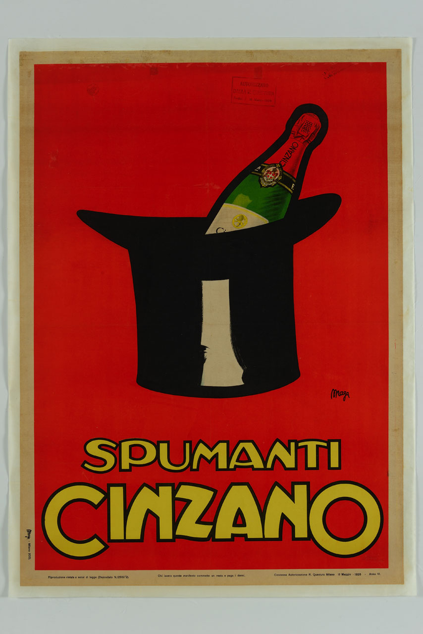 bottiglia di spumante dentro cilindro su fondo rosso (manifesto) di Magagnoli Giuseppe detto Maga (sec. XX)