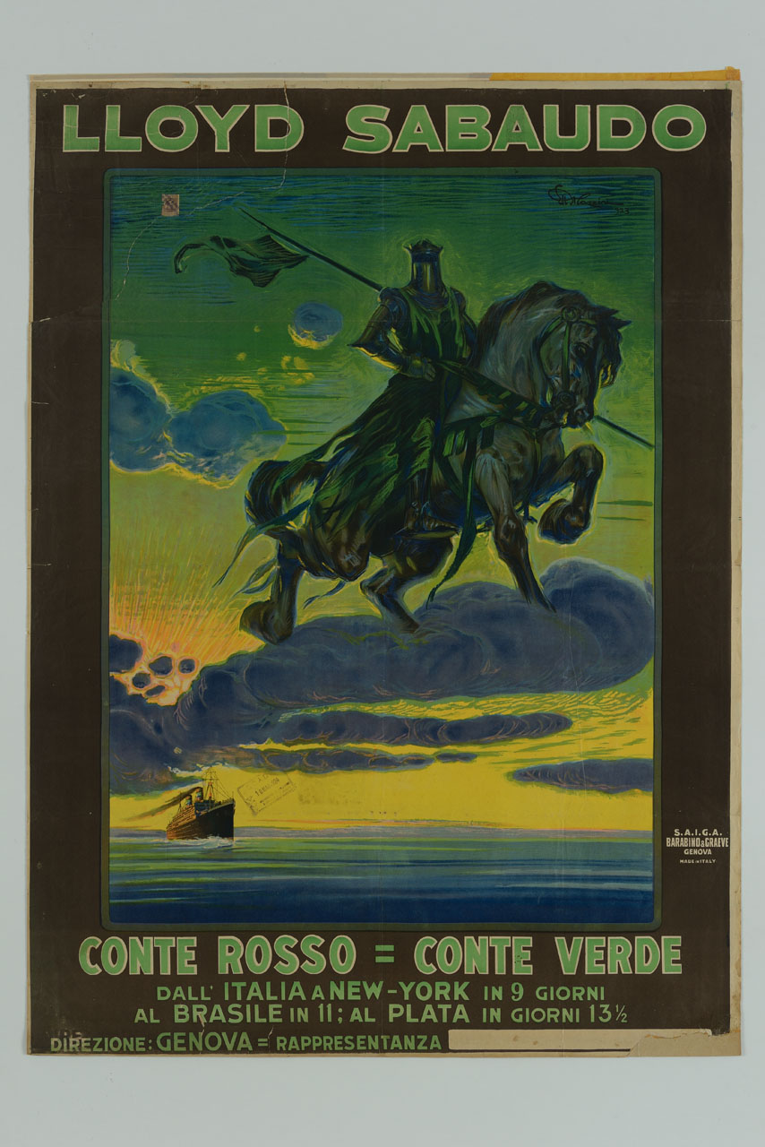 cavaliere verde sospeso sopra una nuvola e in lontananza transatlantico in navigazione (manifesto) di Mazzini Ettore (sec. XX)