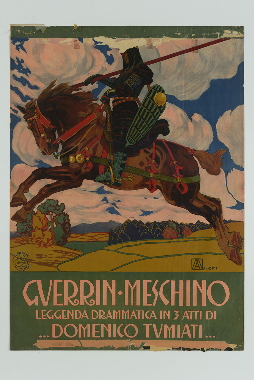cavaliere con corazza e lancia in sella a un cavallo bardato e sullo sfondo paesaggio agreste (manifesto) di Magrini Adolfo (sec. XX)