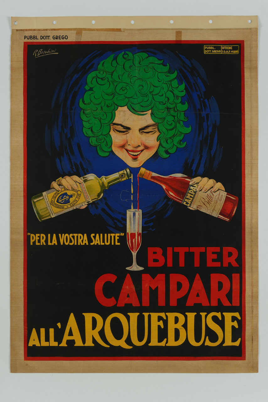 volto di donna sorridente che versa liquori da due bottiglie in un bicchiere (manifesto) di Boschini Raffaele (sec. XX)