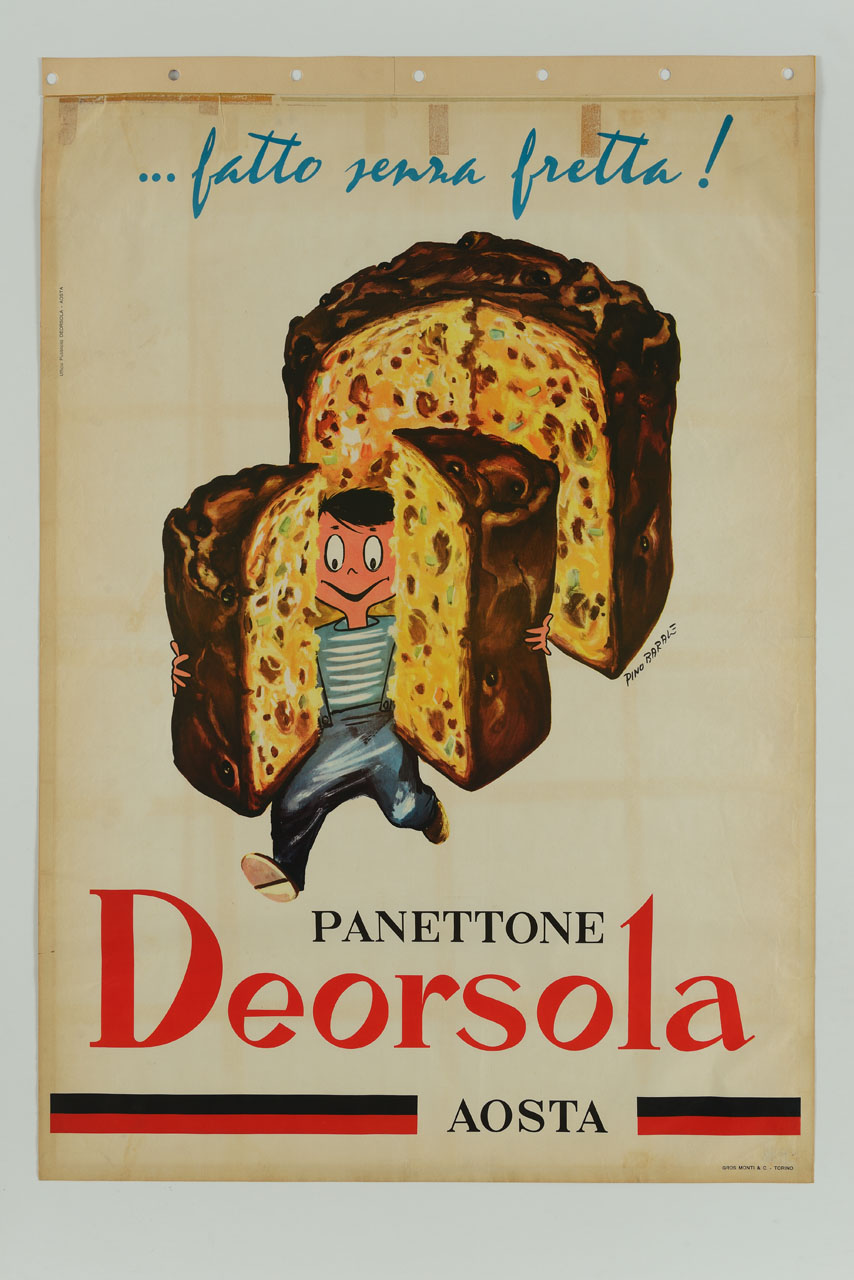 bambino corre con due grandi fette di panettone tra le braccia (manifesto) di Barale Pino (sec. XX)