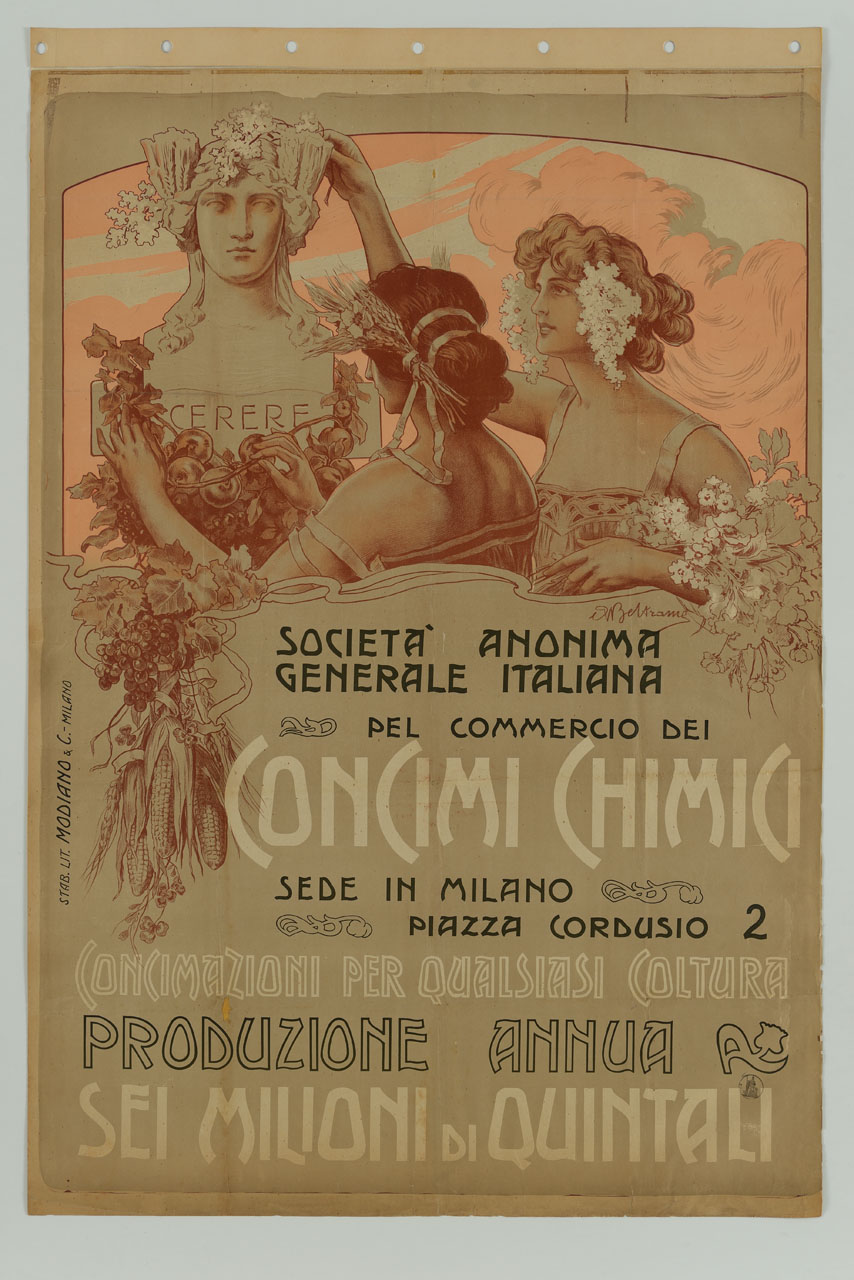 due donne adornano di fiori un busto di Cerere (manifesto) di Beltrame Achille (inizio sec. XX)