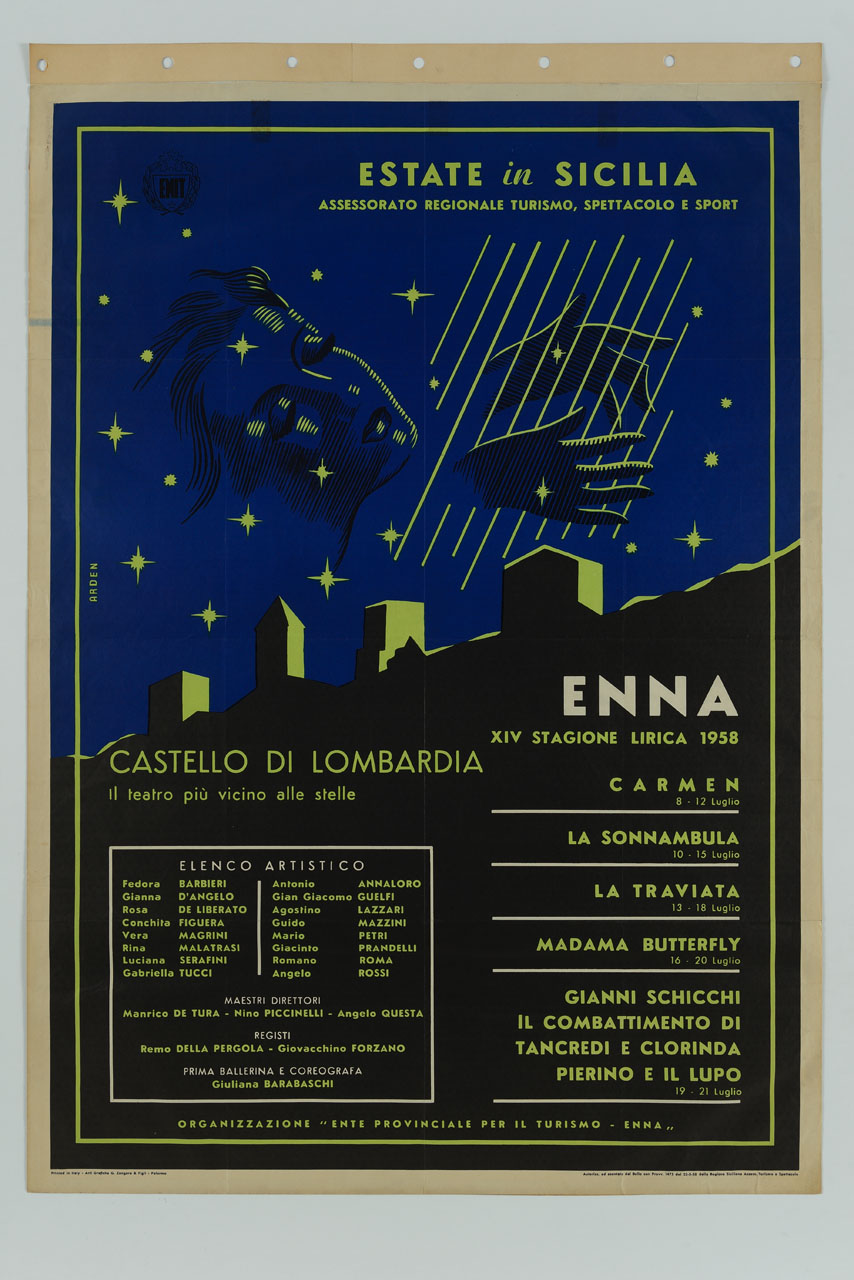 veduta notturna delle mura del Castello di Lombardia ad Enna con sopra donna che suona l'arpa (manifesto) di Arden (sec. XX)