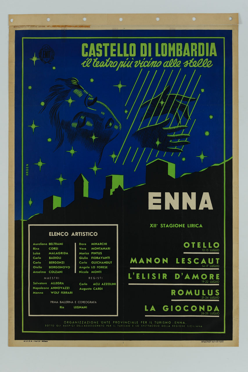 veduta notturna delle mura del Castello di Lombardia ad Enna con sopra donna che suona l'arpa (manifesto) di Arden (sec. XX)