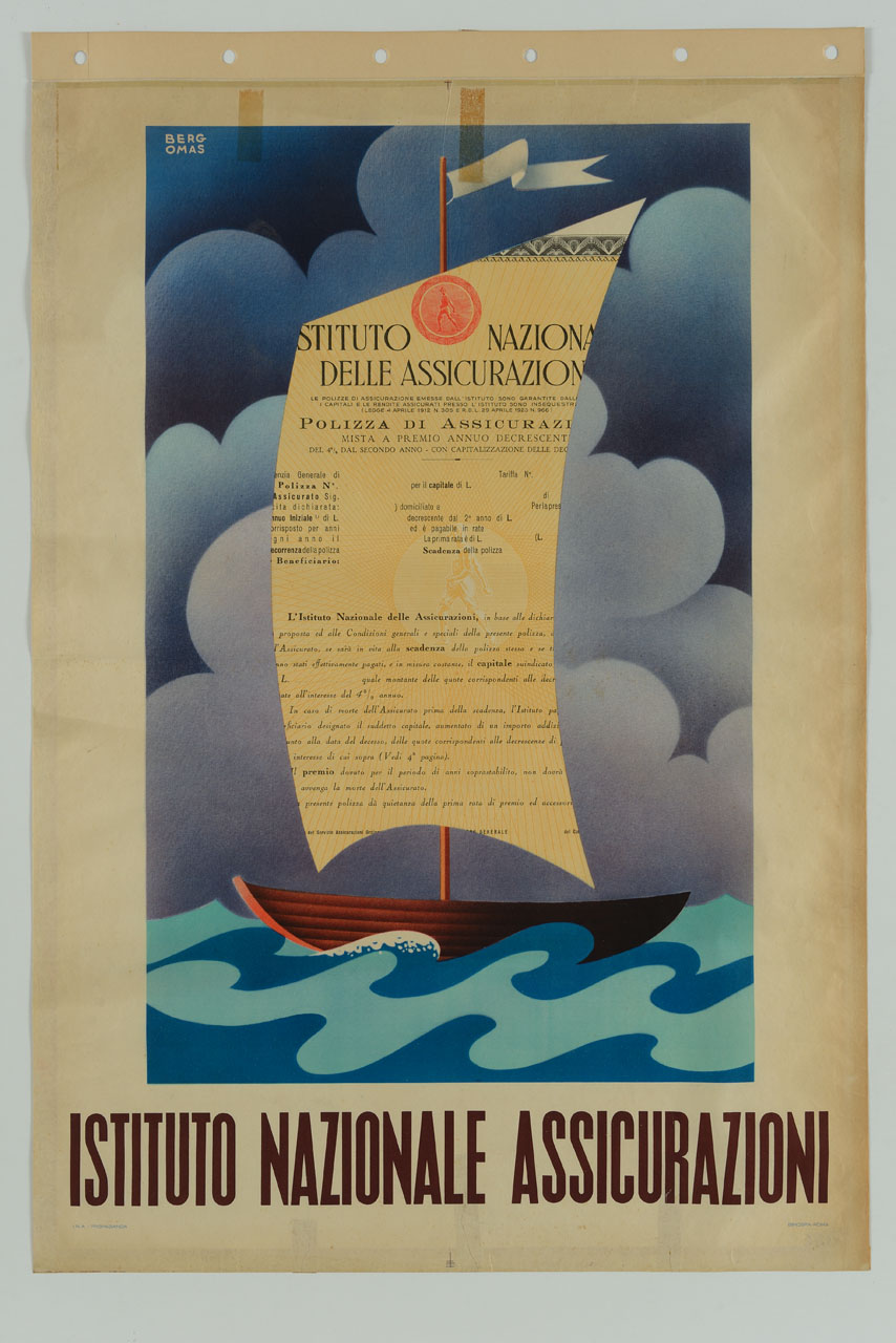 barca sul mare la cui vela è fatta da una polizza assicurativa (manifesto) di Bergomas Italo (sec. XX)