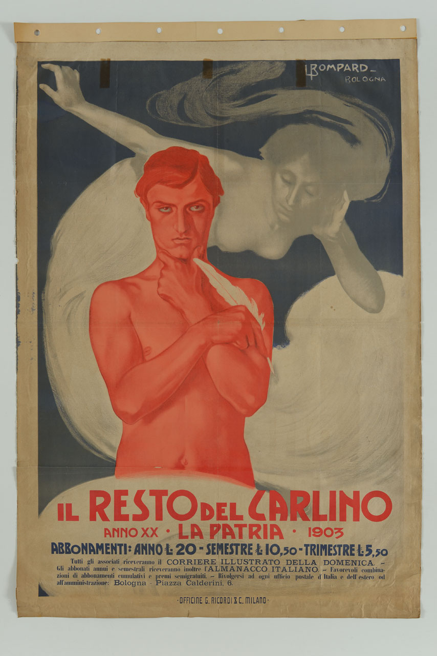 uomo con penna in mano e donna fluttuante sullo sfondo (manifesto) di Bompard Luigi (sec. XX)