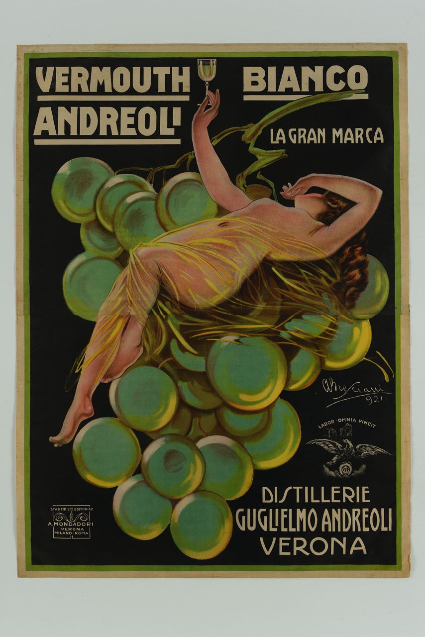 donna seminuda distesa su un grappolo d'uva solleva un calice (manifesto, stampa composita) di Bresciani Attilio (sec. XX)