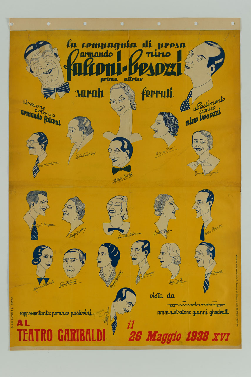 caricature di attori e attrici della compagnia Falconi - Besozzi (manifesto) di Besozzi Giuseppe detto Besozzi Nino (sec. XX)