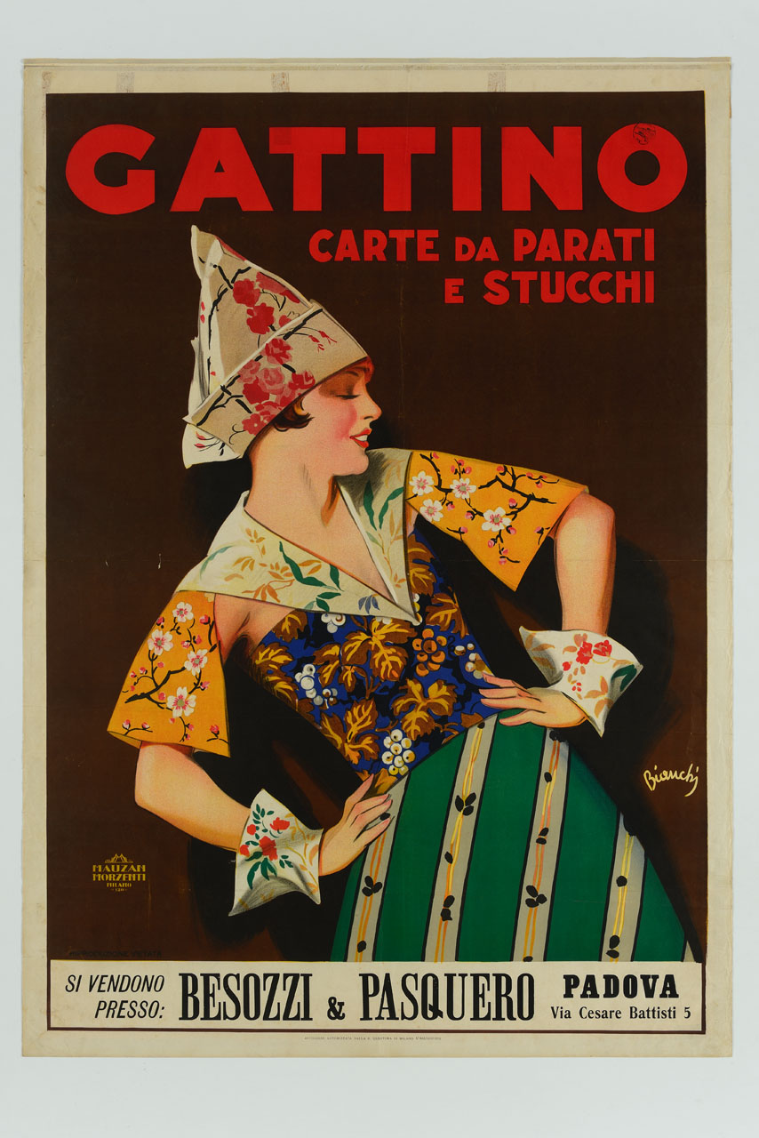 donna il cui vestito è composto da carta da parati di diverse fantasie (manifesto) di Bianchi Alberto (sec. XX)