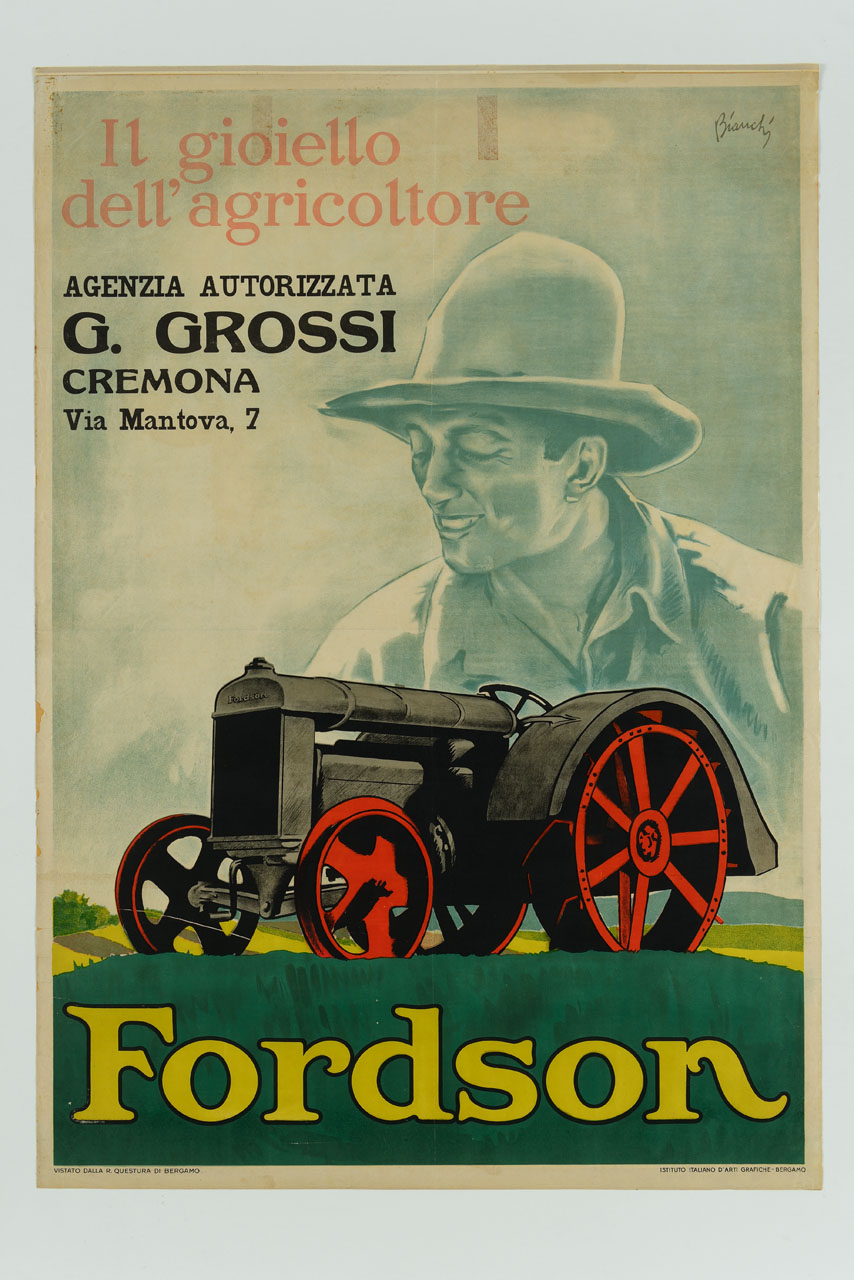 contadino a mezzo busto con trattore in primo piano (manifesto) di Bianchi Alberto (sec. XX)