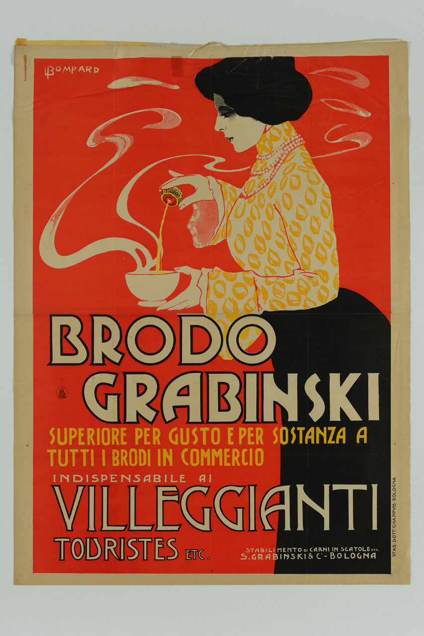 donna versa del brodo concentrato in una ciotola fumante (manifesto) di Bompard Luigi (inizio sec. XX)