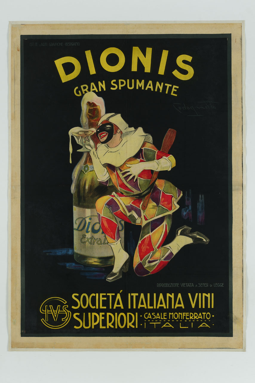 Arlecchino beve spumante da una coppa accanto ad una grande bottiglia (manifesto) di Codognato Plinio (sec. XX)