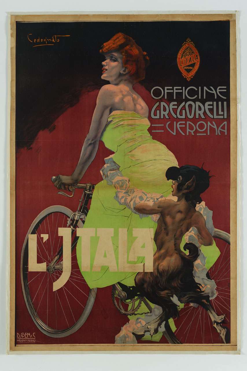 satiro adorna con un festone di rose una donna in bicicletta (manifesto) di Codognato Plinio (sec. XX)