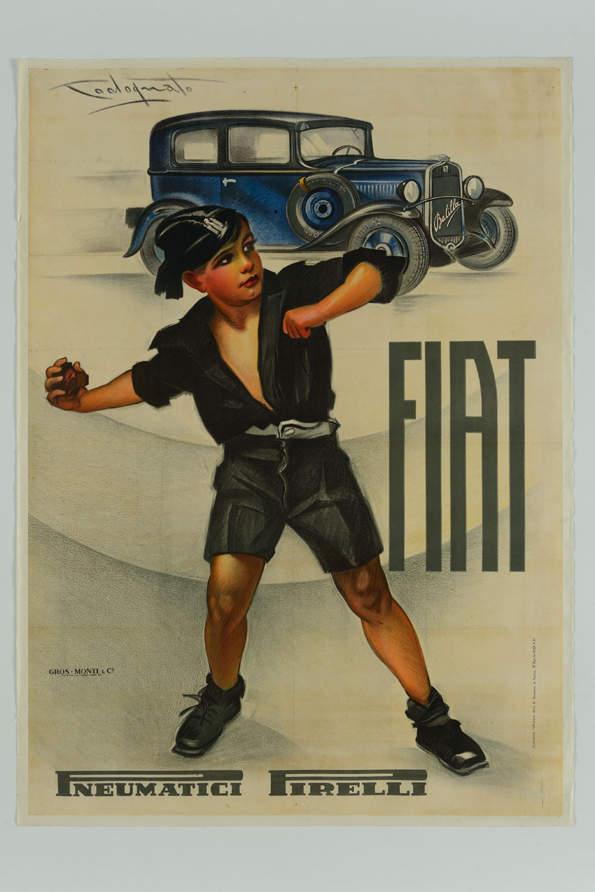 Balilla davanti ad un'automobile (manifesto) di Codognato Plinio (sec. XX)