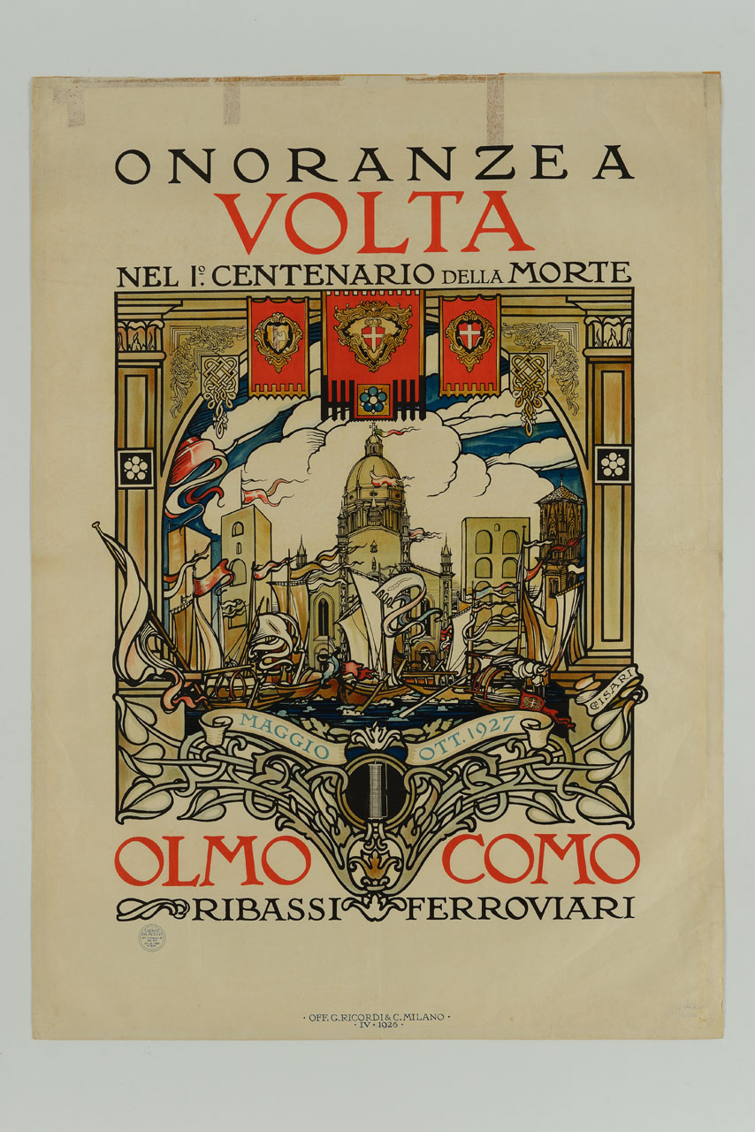 veduta di Como entro cornice architettonica (manifesto) di Cisari Giulio (sec. XX)