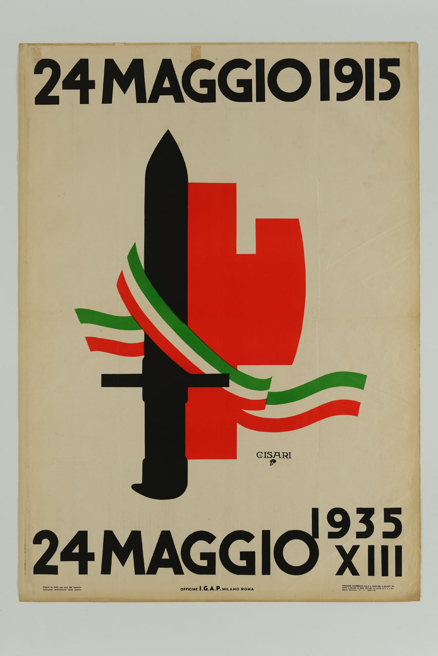 baionetta accanto a fascio littorio avvolti da una fascia tricolore (manifesto) di Cisari Giulio (sec. XX)