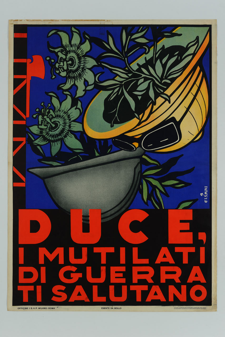 elmetto e cappello colonale rovesciati pieni di fiori (manifesto) di Cisari Giulio (sec. XX)