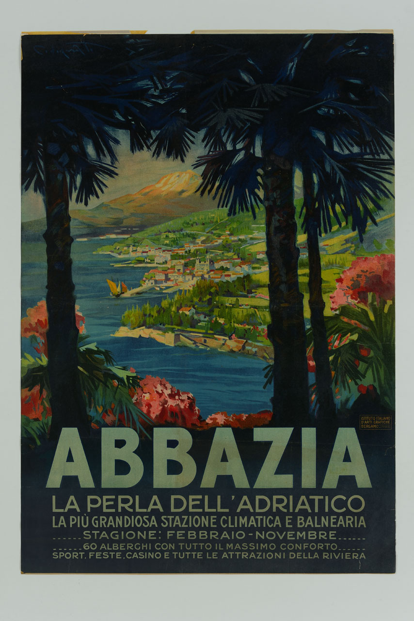 veduta della costa con la città di Abbazia (manifesto) di Codognato Plinio (sec. XX)