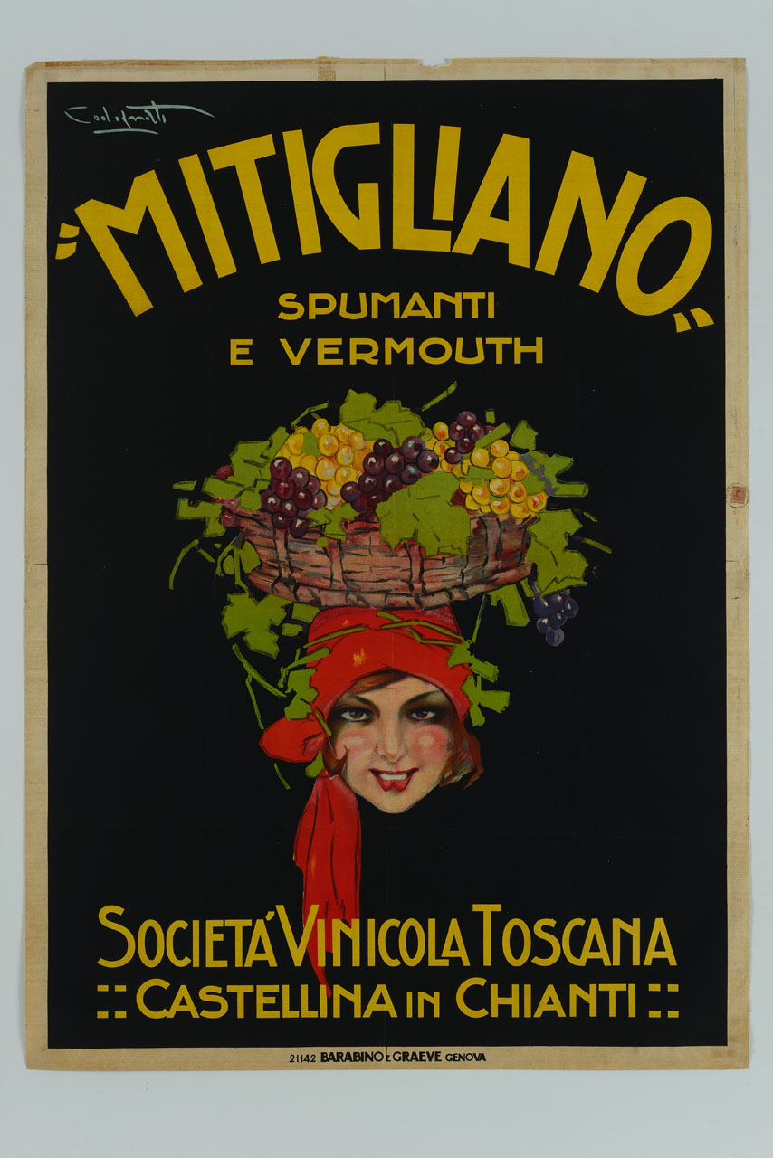 testa di donna che sorregge un cesto colmo di grappoli d'uva (manifesto) di Codognato Plinio (sec. XX)
