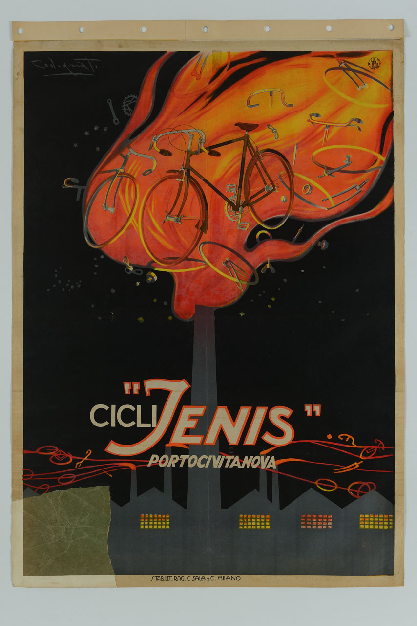fabbrica dalla cui ciminiera esce una fiamma piena di biciclette (manifesto) di Codognato Plinio (sec. XX)
