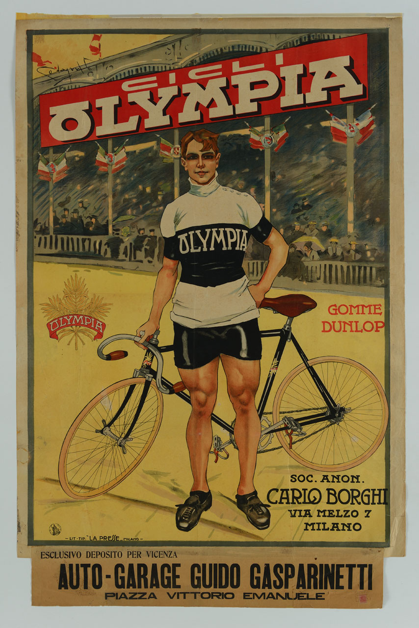 ciclista con la sua bicicletta davanti a un pubblico sugli spalti (manifesto) di Codognato Plinio (sec. XX)