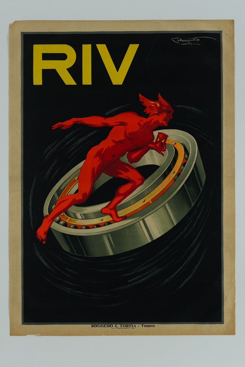 Mercurio con clessidra in una mano corre su un cuscinetto a sfera (manifesto) di Codognato Plinio (sec. XX)