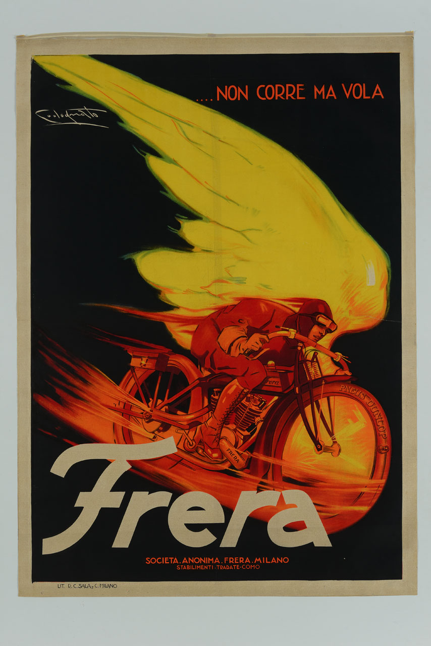 motociclista sfreccia in moto con una grossa ala sullo sfondo (manifesto) di Codognato Plinio (sec. XX)