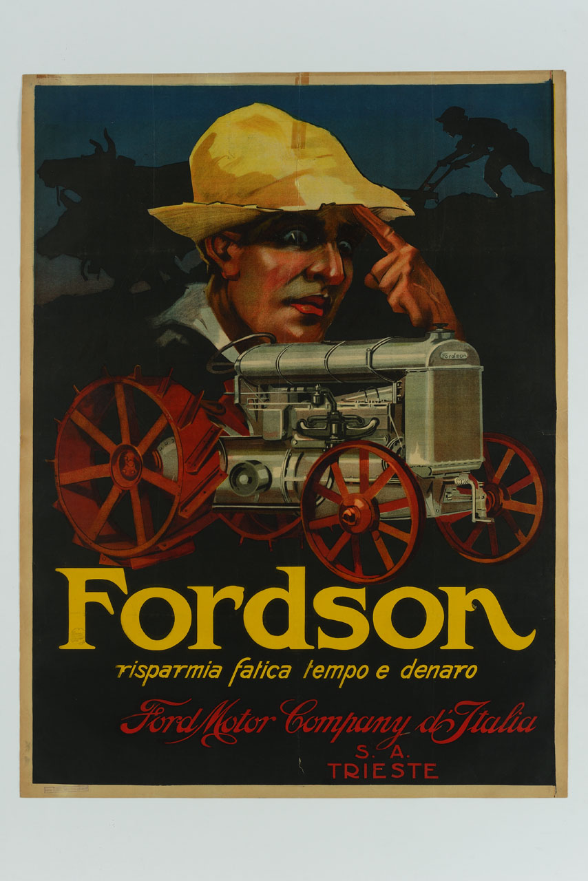 testa di contadino con trattore in primo piano (manifesto) - ambito italiano (sec. XX)