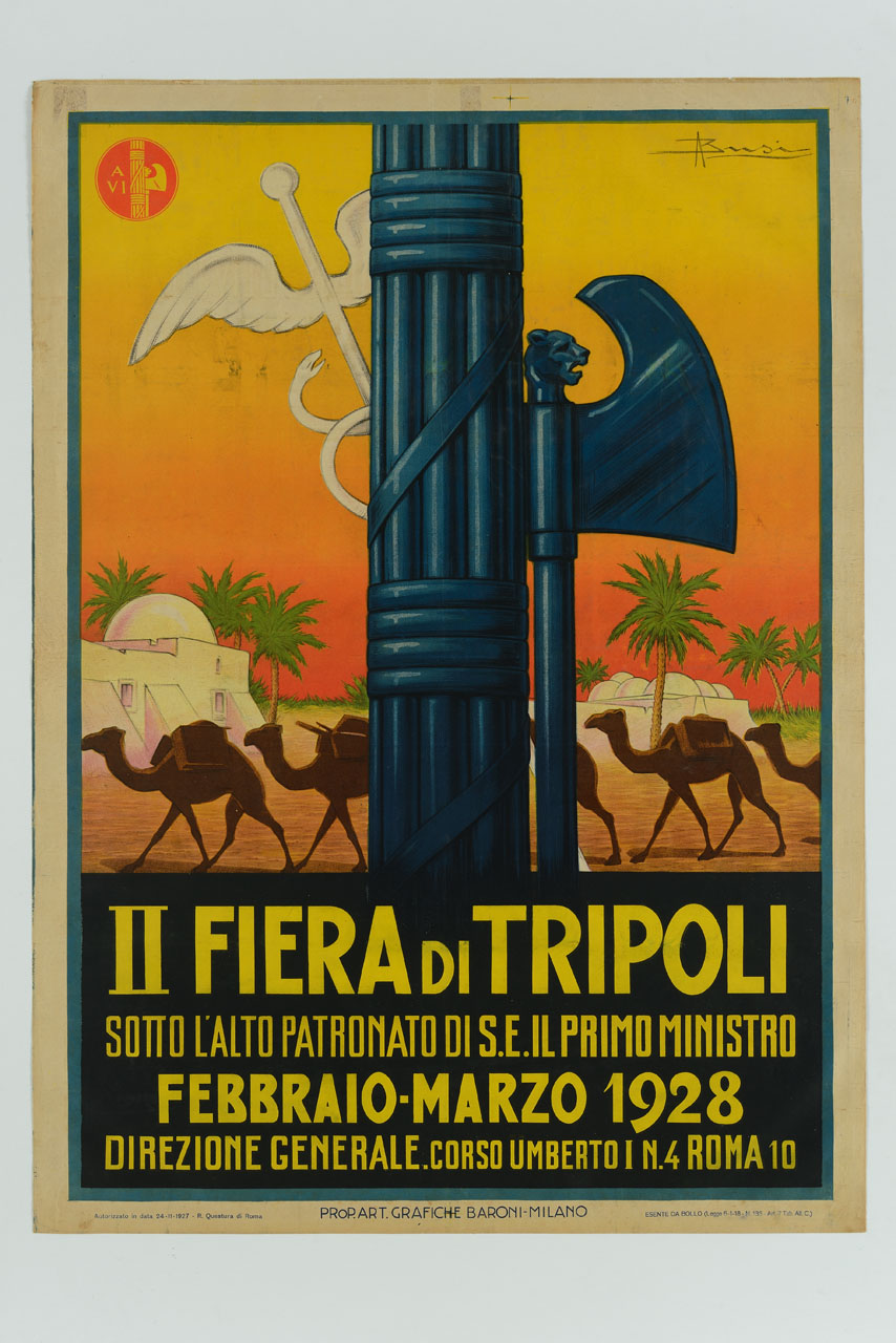 carovana di dromedari con grosso fascio littorio in primo piano (manifesto) di Busi Adolfo (sec. XX)