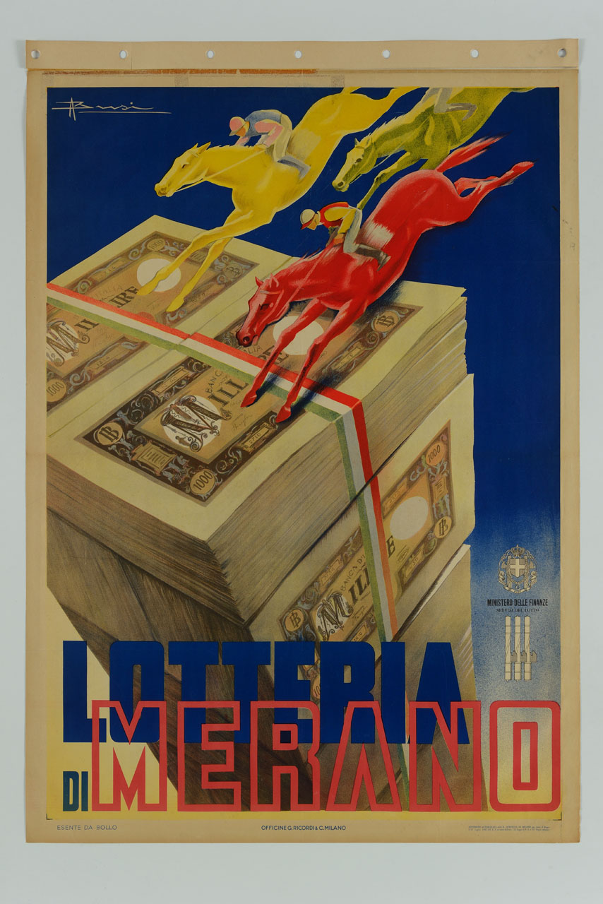corsa di cavalli su pile di banconote (manifesto) di Busi Adolfo (sec. XX)