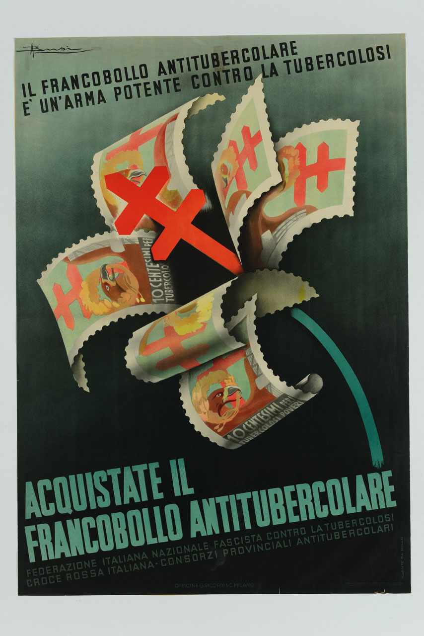 fiore i cui petali sono costituiti da francobolli (manifesto) di Busi Adolfo (sec. XX)