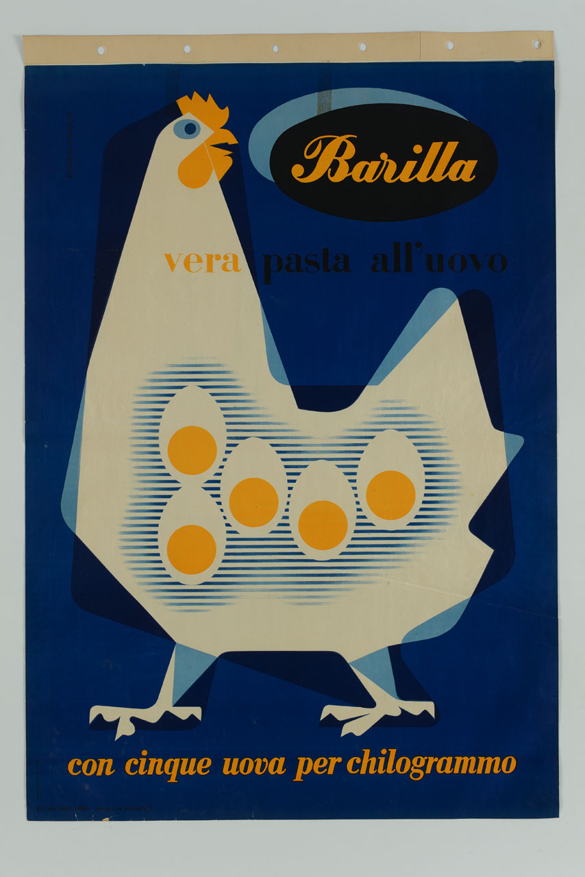 gallina con cinque uova sode sul corpo (manifesto) di Carboni Erberto detto Lince (sec. XX)