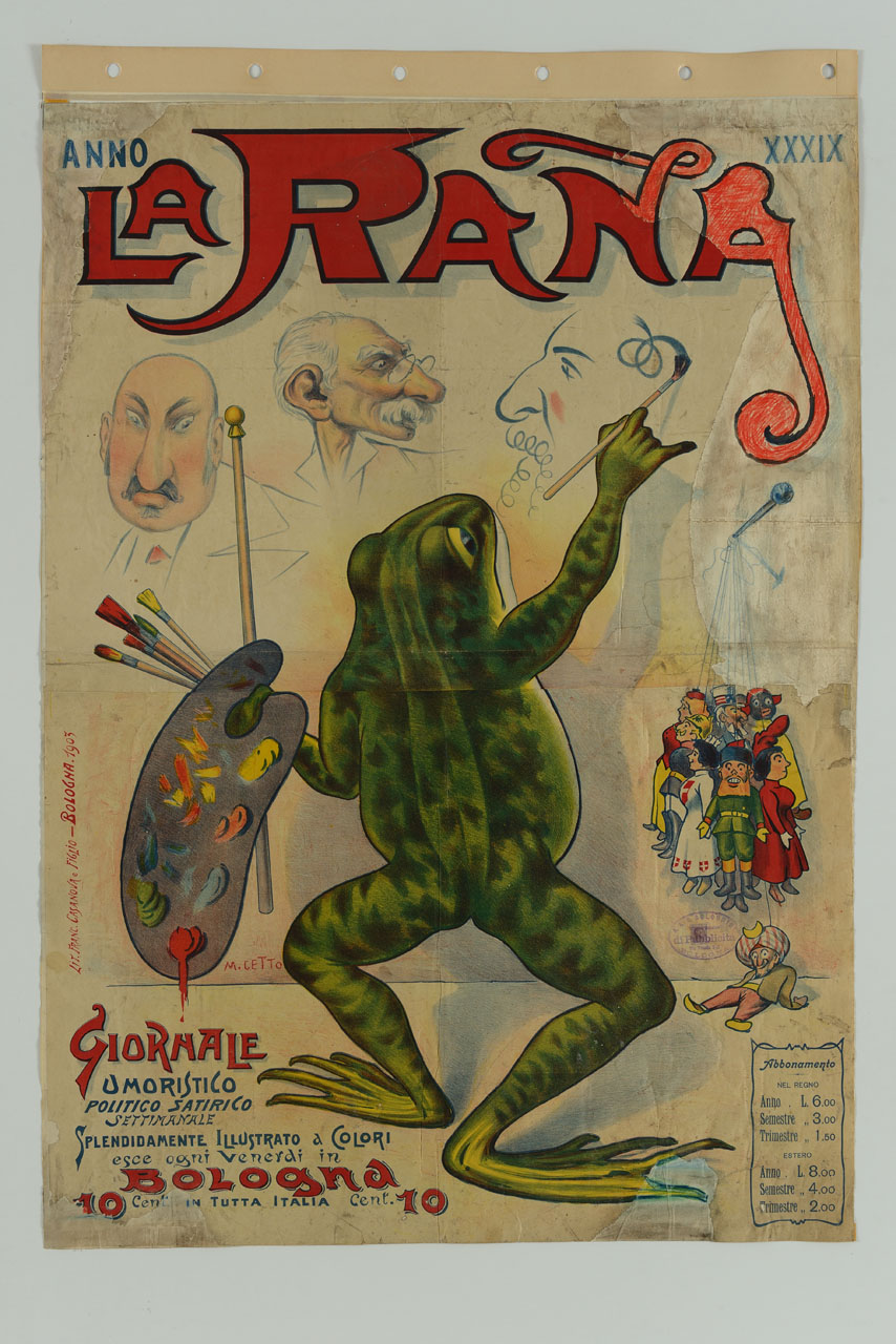 rana con tavolozza e pennelli dipinge delle caricature (manifesto, stampa composita) di Cetto Mario (sec. XX)