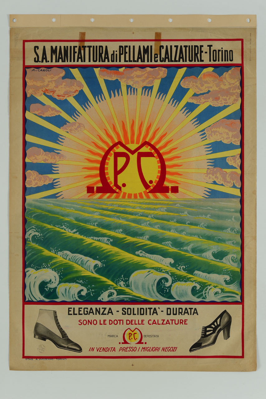 paesaggio marino con grosso sole che tramonta sul mare (manifesto) di Caroli Arnaldo (sec. XX)