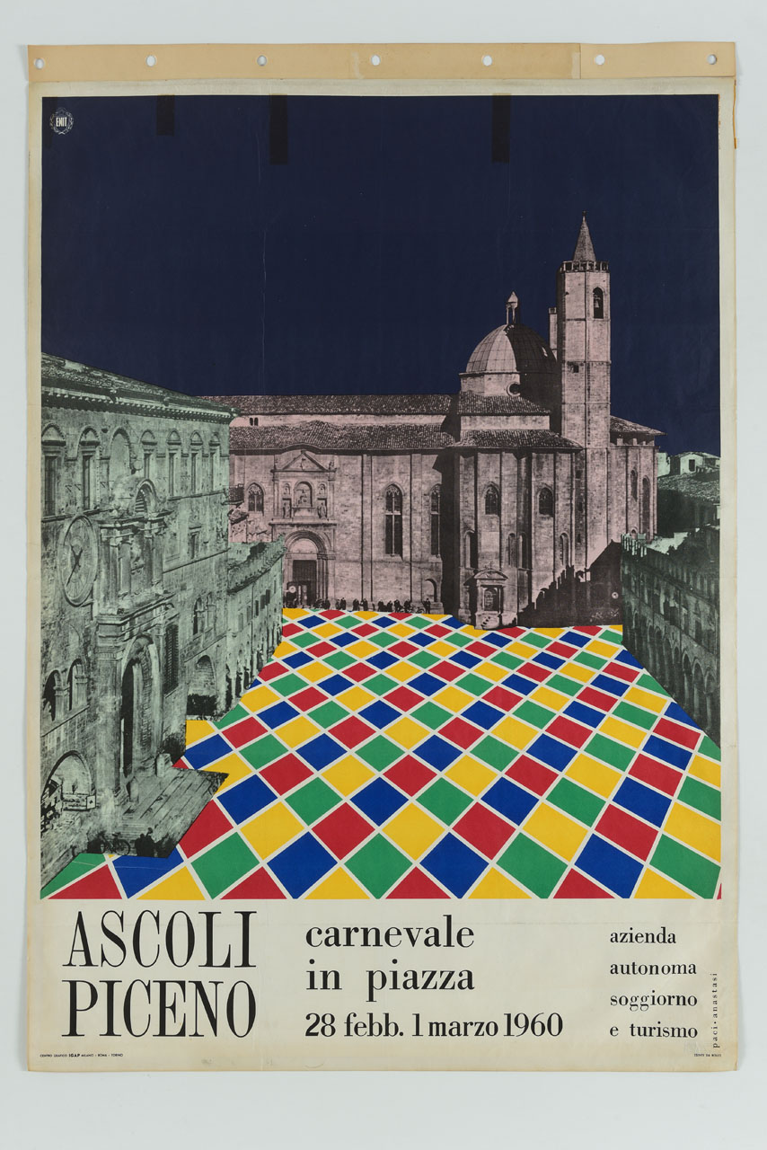 veduta di Piazza del Popolo ad Ascoli Piceno con la pavimentazione che riproduce il vestito di Arlecchino (manifesto) di Paci Carlo, Anastasi Nino (sec. XX)