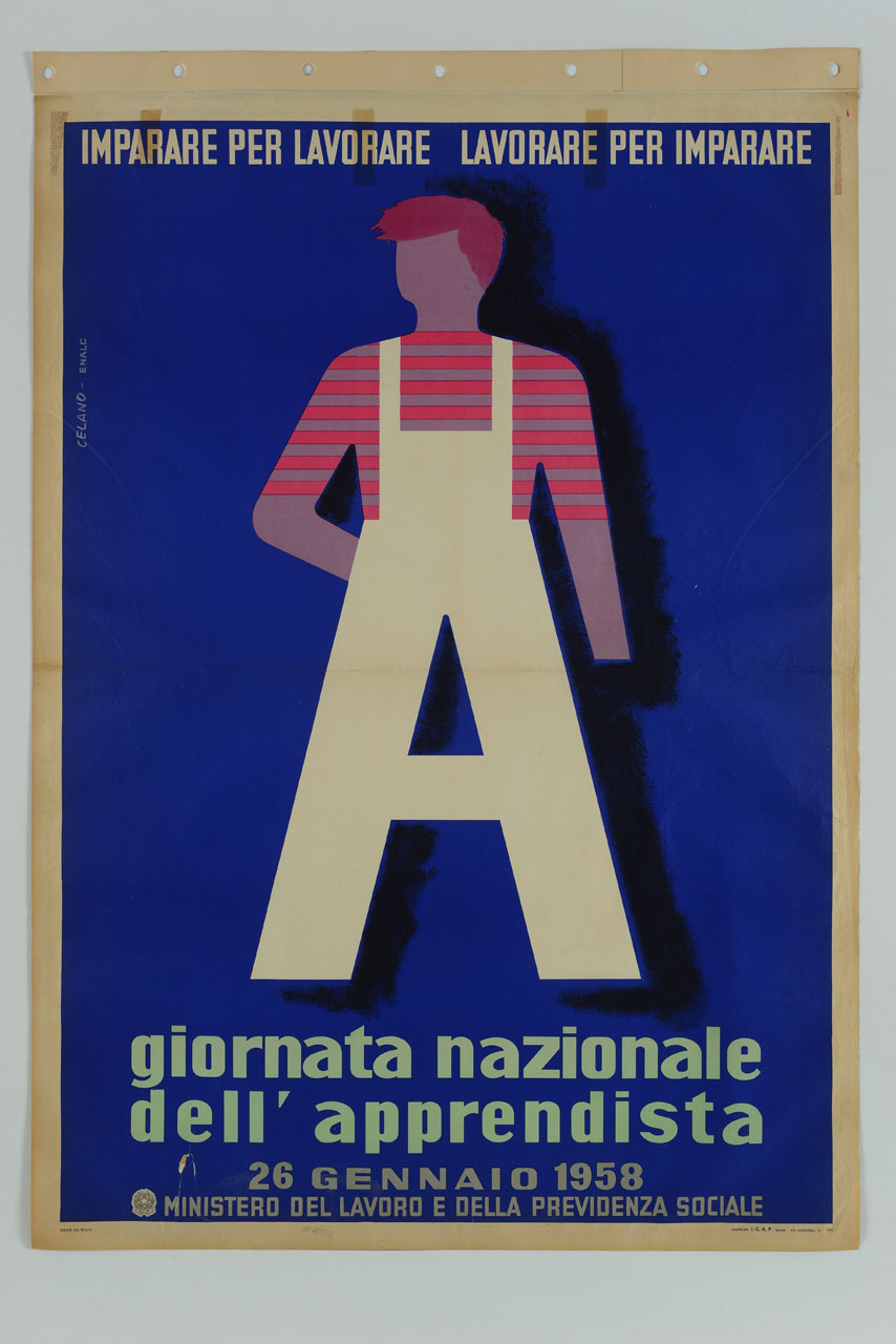 uomo con la tuta da lavoro le cui gambe formano la lettera A (manifesto) di Celano, Enalc - ambito italiano (sec. XX)