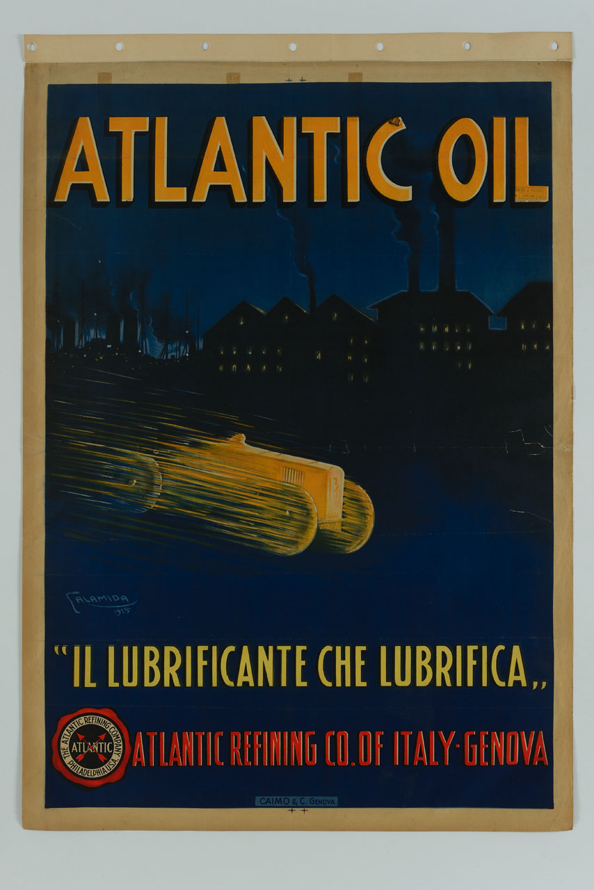 automobile sfreccia in un paesaggio notturno con fabbriche in attività (manifesto) di Calamida Umberto (sec. XX)