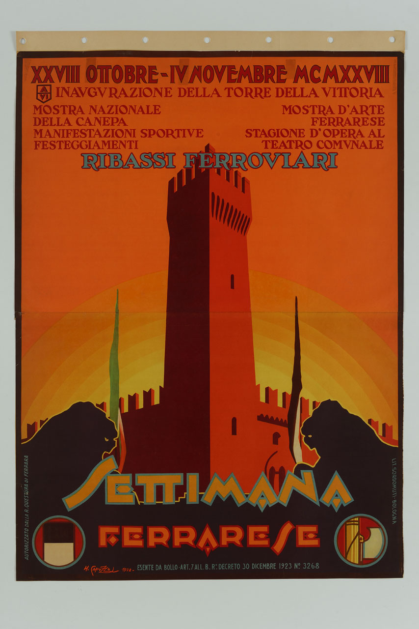 veduta della Torre della Vittoria a Ferrara con i leoni della Cattedrale di San Giorgio in primo piano (manifesto, stampa composita) di Capuzzo M - ambito italiano (sec. XX)