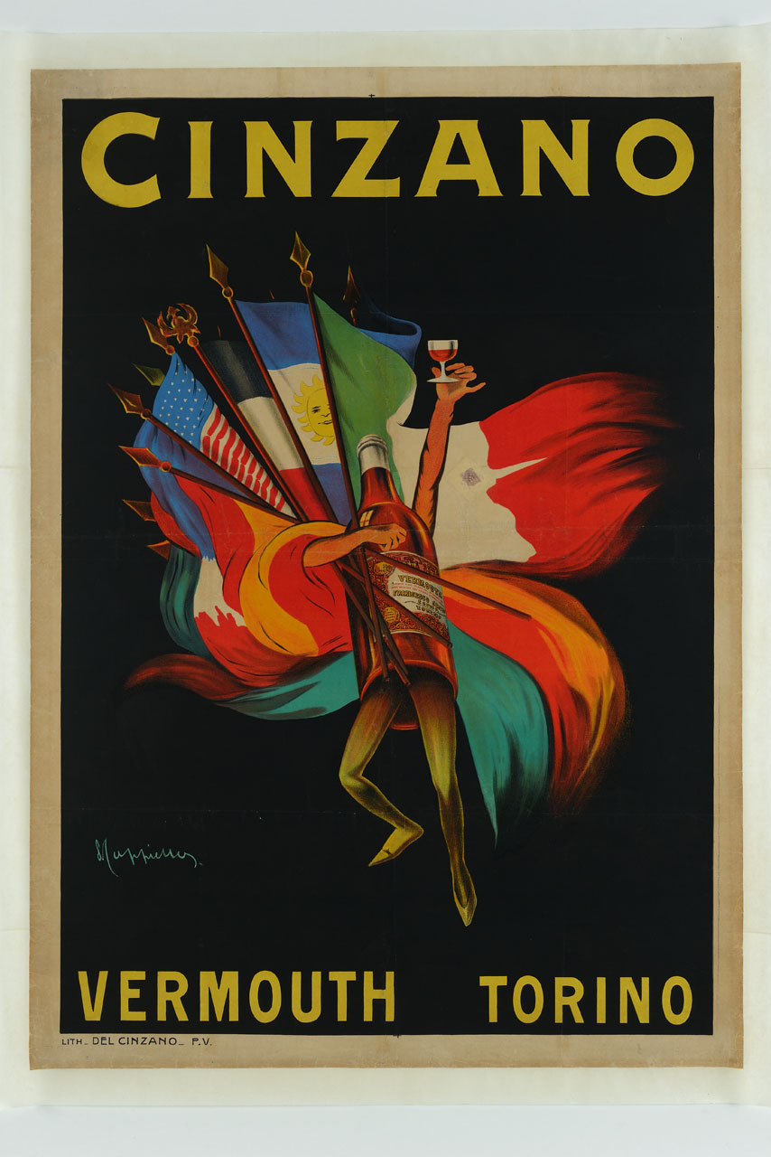 bottiglia con gambe e braccia stringe delle bandiere e solleva un bicchiere (manifesto) di Cappiello Leonetto (sec. XX)