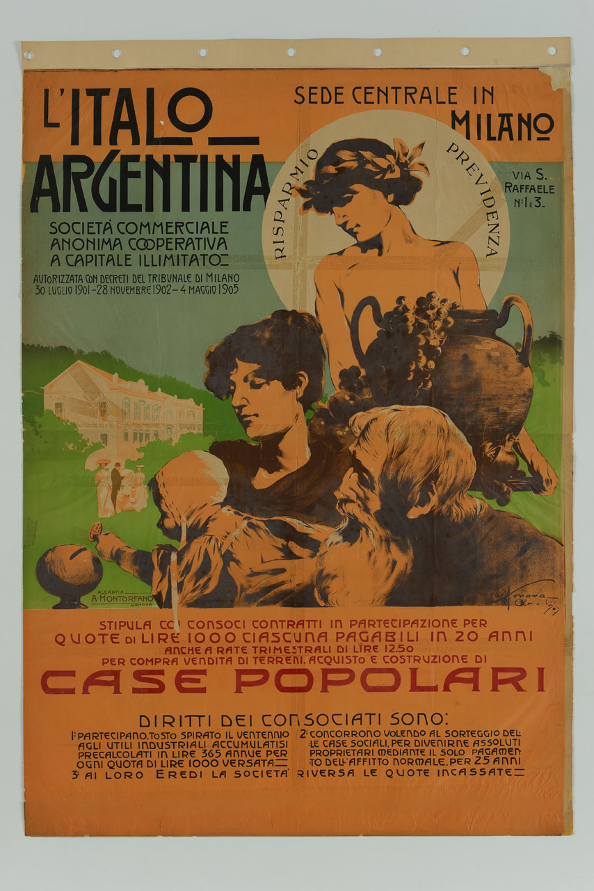 famiglia con bambino che mette una moneta nel salvadanaio e fancuillo con vassoio con otre e frutta (manifesto) di Craffonara Aurelio (sec. XX)