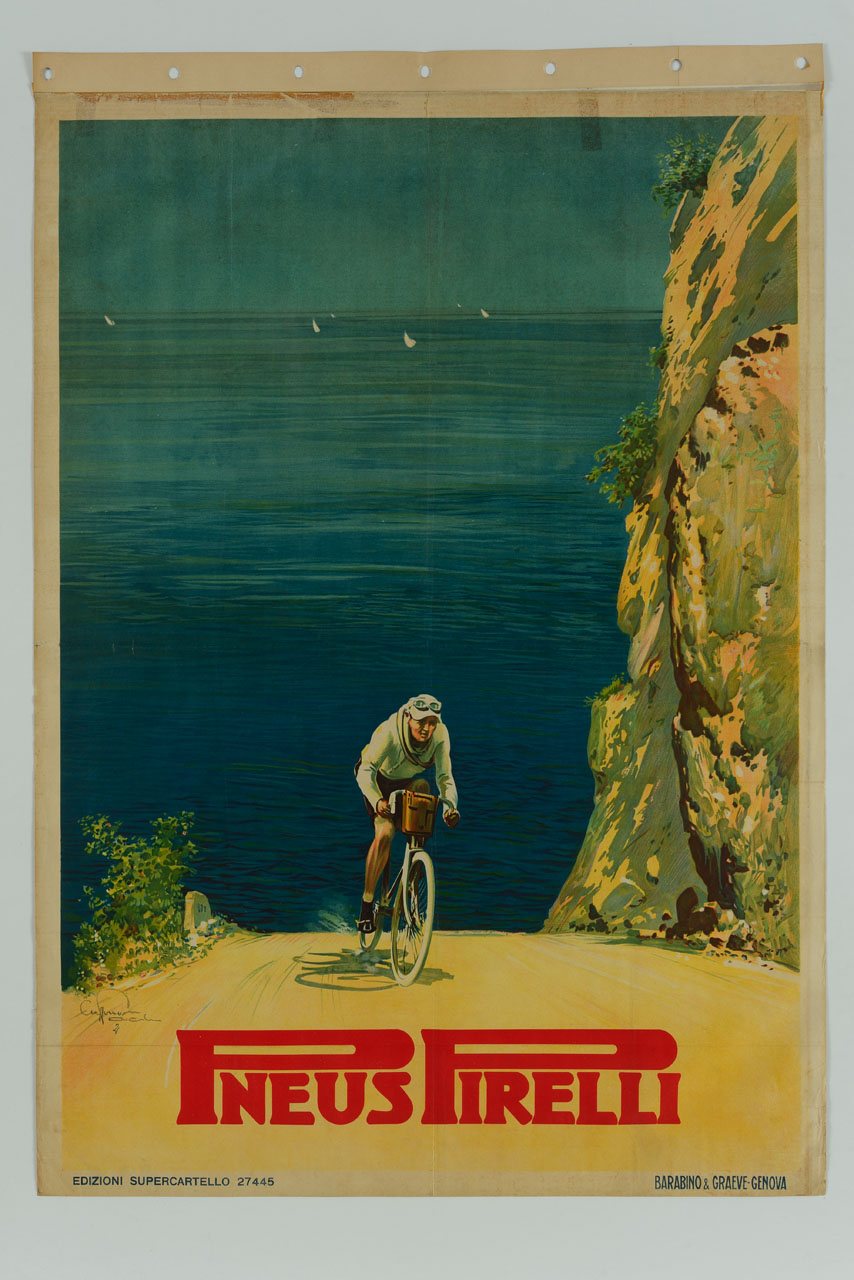 paesaggio marino con ciclista che pedale su una strada in salita (manifesto) di Craffonara Aurelio (sec. XX)