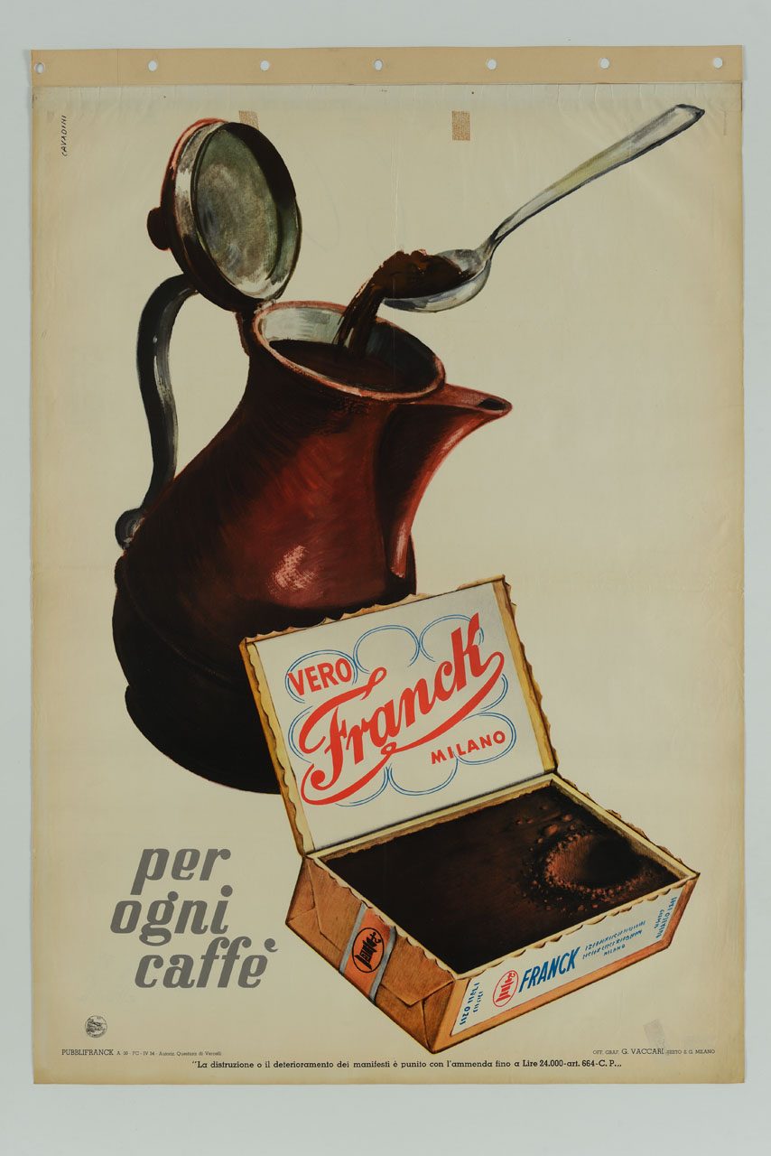 scatola da cui un cucchiaino versa del caffè in una caraffa (manifesto) di Cavadini Alfredo (sec. XX)